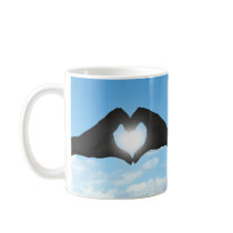 Hands in Heart Shape Silhouette on Blue Sky Coffee Mugs
