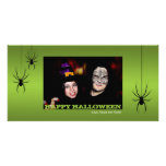 Hanging spiders black green Halloween greeting Personalized Photo Card