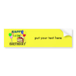 Happy 11th Birthday with Cake, Balloons and Candle bumper stickers