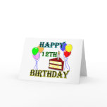 Happy 12th Birthday with Cake, Balloons and Candle Greeting Card