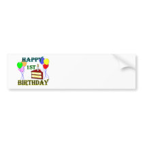 Happy 1st Birthday with Cake, Balloons and Candle Bumper Stickers