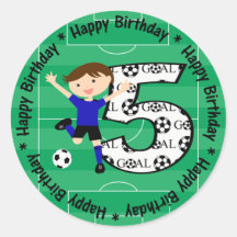 Happy 5th Birthday Blue and Black Soccer Goal Round Stickers