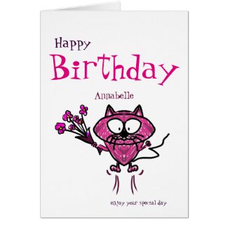 Happy birthday (name) cat holding flowers on card