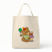 happy birthday teddy bear with cake and balloon canvas bag