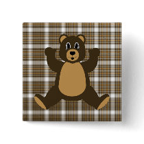 Happy Brown Bear Auburn Plaid Button