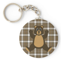Happy Brown Bear Auburn Plaid Keychain