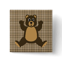 Happy Brown Bear Brown Plaid Button