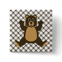 Happy Brown Bear Cocoa Plaid Button