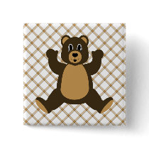 Happy Brown Bear Tan Plaid Button