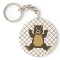 Happy Brown Bear Tan Plaid Keychain