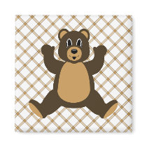 Happy Brown Bear Tan Plaid Magnet