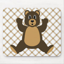 Happy Brown Bear Tan Plaid Mousepad