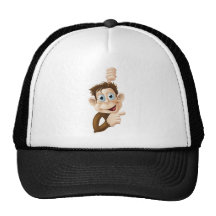 Happy cartoon monkey pointing trucker hat