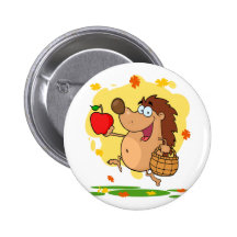happy cute hedgehog apple picking button