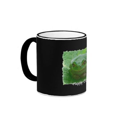 Happy Day - green frog on leaf Mug by Rainmountain