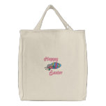 Happy Easter Egg and Flowers Embroidered Tote Bags