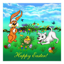 Happy Easter! Rabbit, Chick and Puppy Einladungskarten