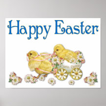 Happy Easter Vintage Chicks and Daisies Art Poster