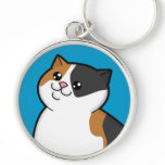 Happy Fat Calico Cat Metal Round Keychain