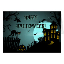 Happy Halloween Black Cat Haunted House Blue Greeting Card