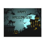 Happy Halloween Black Cat Haunted House Blue postcards