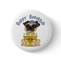 Happy Hanukkah Fawn Pug Button