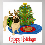 Happy Holidays Chritmas Reindeer Pug Posters posters