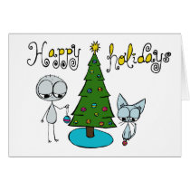 happy holidays cute stick figure and cat card cards