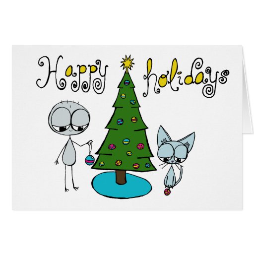 happy holidays cute stick figure and cat card