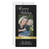 Happy Holidays Gold Ribbon Black Photo Card