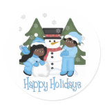 Happy Holidays Kids Building Snowman African Ameri Stickers