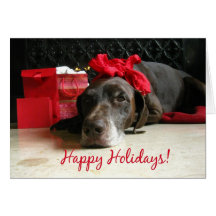happy holidays pointer and gifts at fireplace greeting cards
