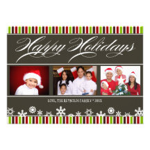Happy Holidays Snowflake and Stripe Photo Card Custom Invitations
