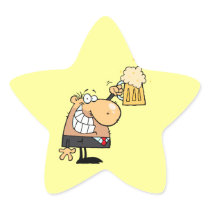 happy man cartoon celebrating with beer star sticker