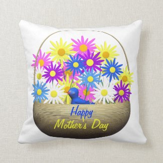 Happy Mothers Day Basket of Daisies and Blue Bird Cushions