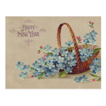 Happy New Year Basket with Flowers Postcards