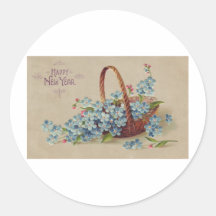 Happy New Year Basket with Flowers Round Stickers