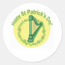 Happy Saint Patrick's Day Harp and Wreath Round Stickers