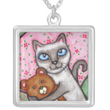 Happy Siamese Cat & Teddy Bear Necklace