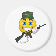 Happy smiley with a machine gun wearing a hat refrigerator magnets