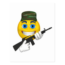 Happy smiley with a machine gun wearing a hat postcards