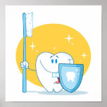 Happy Smiling Tooth With Toothbrush And Shield Poster