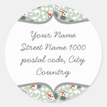 happy snowmans on blue green address label round sticker