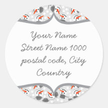 happy snowmans on grey address label round sticker