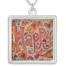 Happy Word Painting Silver Necklace Pendant