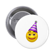 Happy yellow smiley with party hat pinback buttons