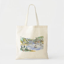 Harbour Scene, Sumi-e ink painting in colour Bag