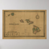 Hawaiian Islands, 1876, Vintage Hawaii Map Print