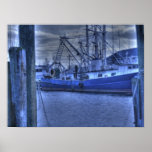 HDR Blue Fishing Boat Seen Between Two Dock Poles Posters