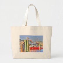 HDR Seagull Red Boat Tied to Pier in Harbour Canvas Bags